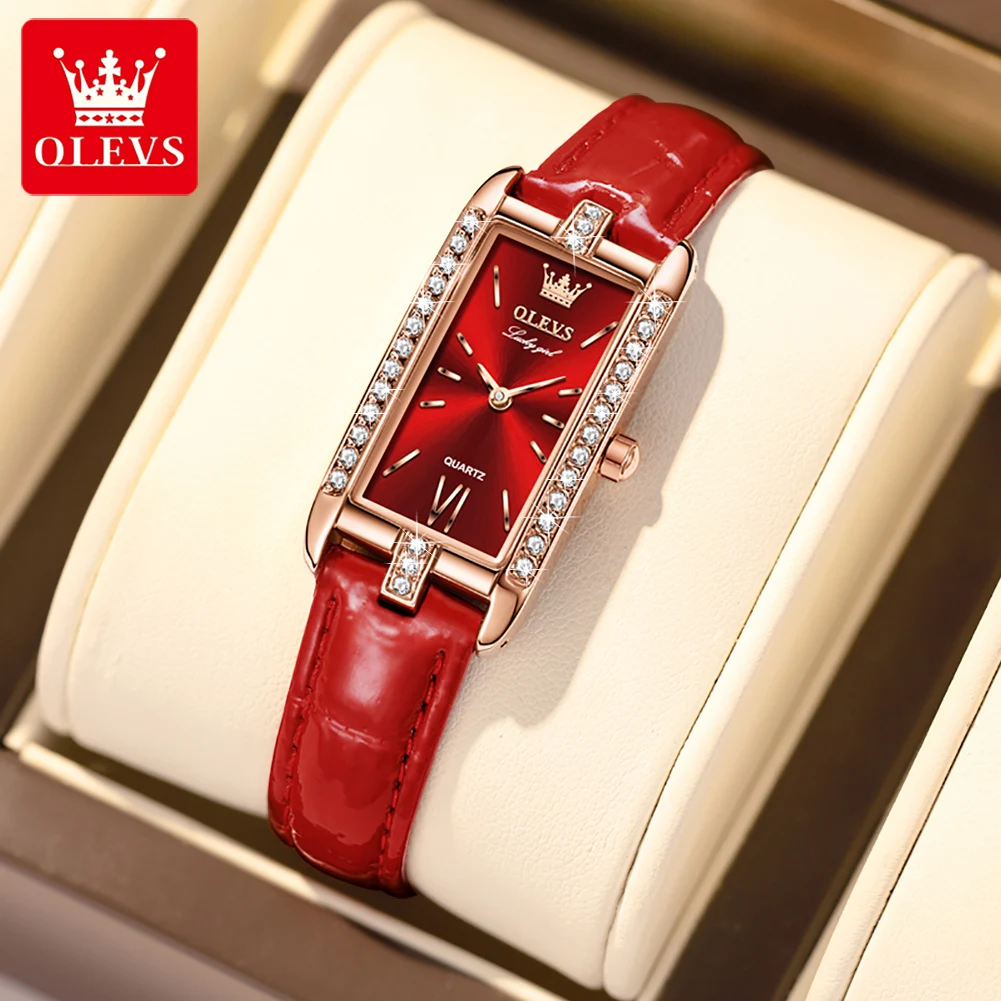 

OLEVS Diamond Waterproof Red Women Wrist Watch for Woman Quartz Fashion Wristwatches Rectangle Leather Strap Ladies Watches 6623