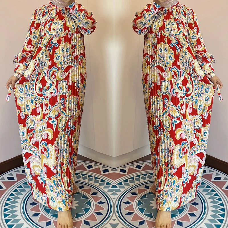 Women Printed Floral Abaya Dress Pleated Long Sleeves With Belt Middle East Dubai Turkey Evening Party For Muslim Hijab Dress