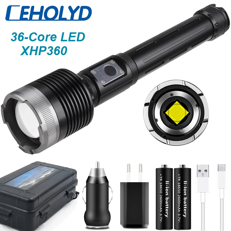 

Led Flashlight 36-Core XHP360 Super Bright High Quality Torch Aluminum Alloy Waterproof Zoomable Lantern Fishing Camping Light