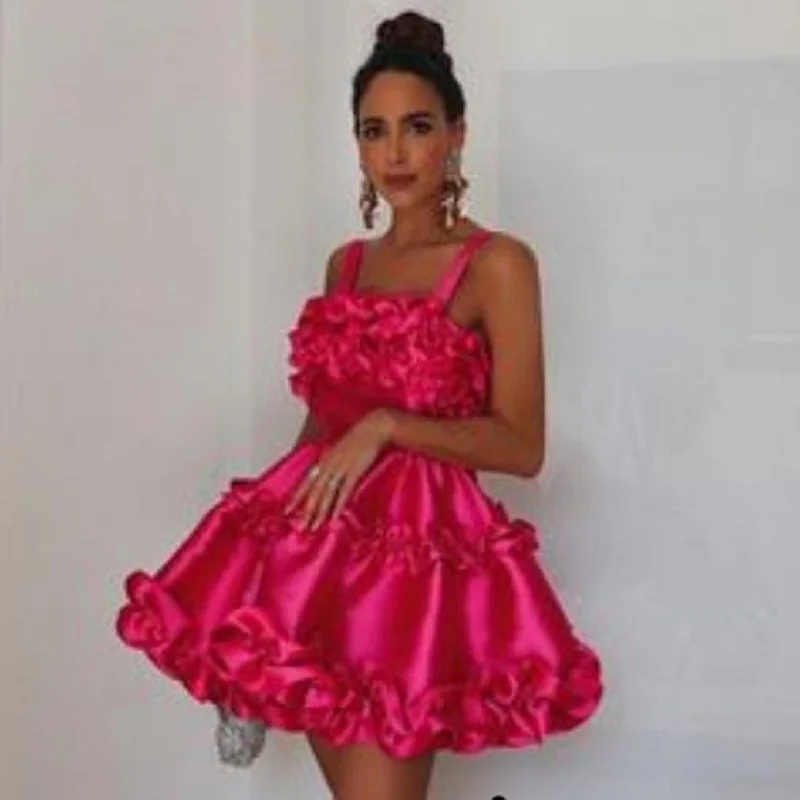 Купи Square Neck Party Dress Ruffles Satin Mini Dresses A-line Cocktail Women Gown Pink Women's Summer Dress Sleeveless Elegant Gown за 3,983 рублей в магазине AliExpress