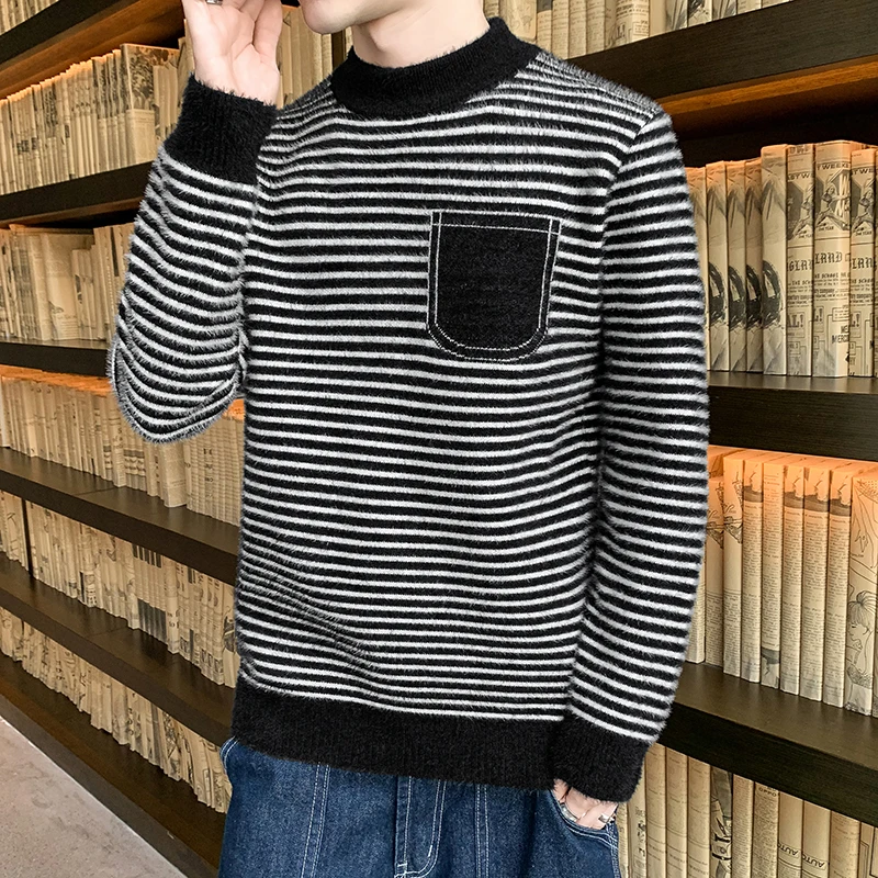 Men's Sweater 2023 Winter Mink Trend Fashion Thickened Striped Line with Top Knit Bottom M-3xl