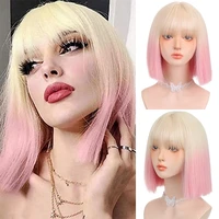 ailiade synthetic short bob wig with bangs wigs for women straight ombre pink 12 inch heat resistant lolita cosplay party hair