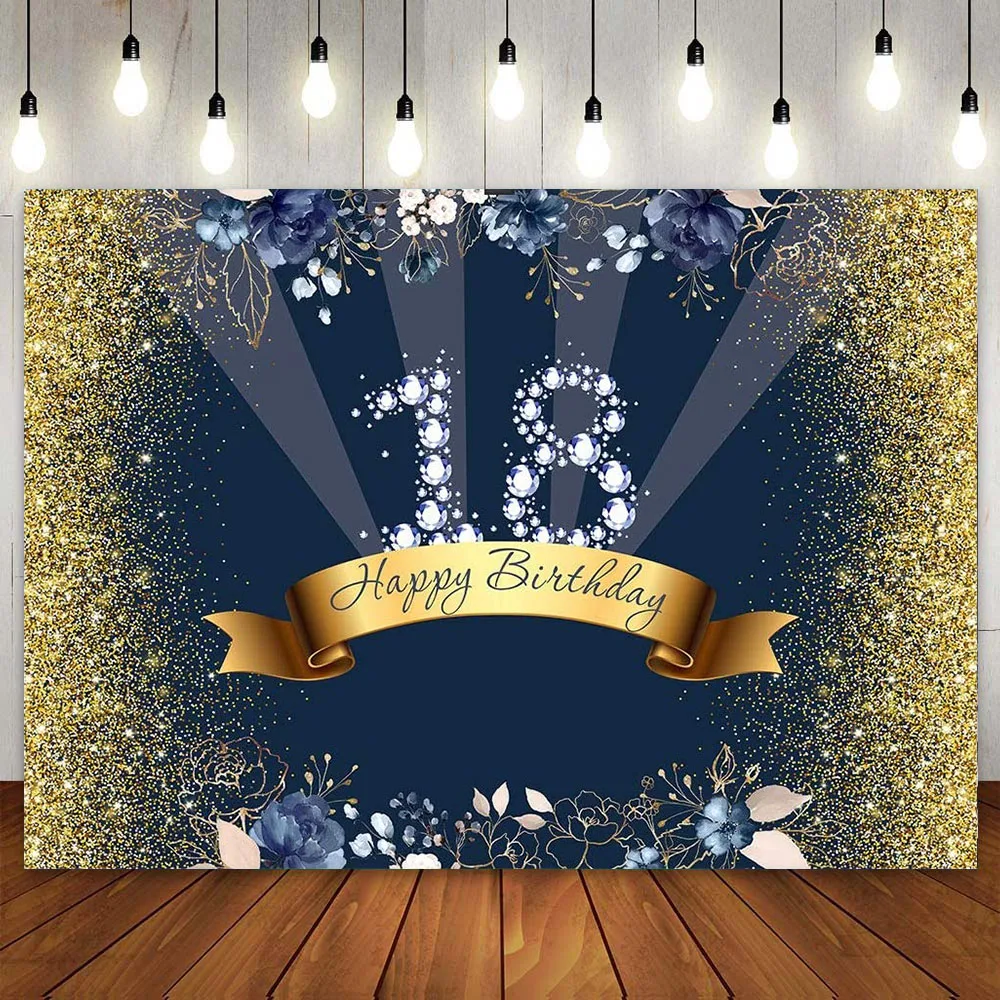 

Happy 18th Birthday Backdrop Party Banner 18 Years Old Decor Navy Blue Gold Dots Floral Diamond Eighteen Background for Girl Boy