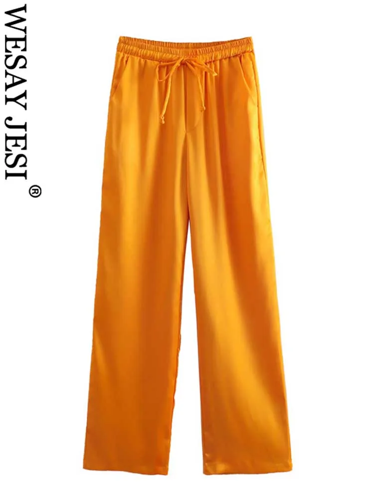 

WESAY JESI Solid Orange Wide-leg Straight Pants Casual Drawstring Bow Elastic Waist Side Pocket Everyday Commuting Wear Wome