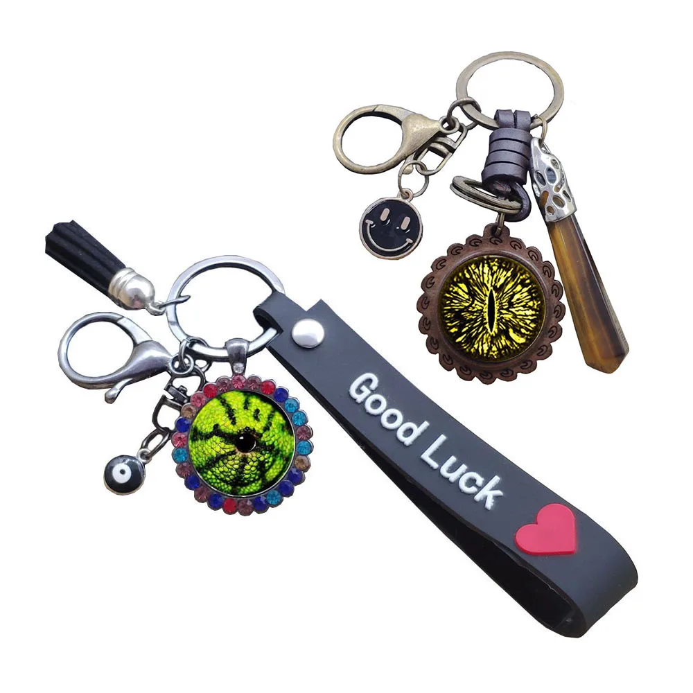 

Cute Time Gem Turkey Blue Evil Eye Keychain Shiny Demon Eye Wood Woven Cowhide Leather Raw Stone Key Ring Purple Bead Punk Gift