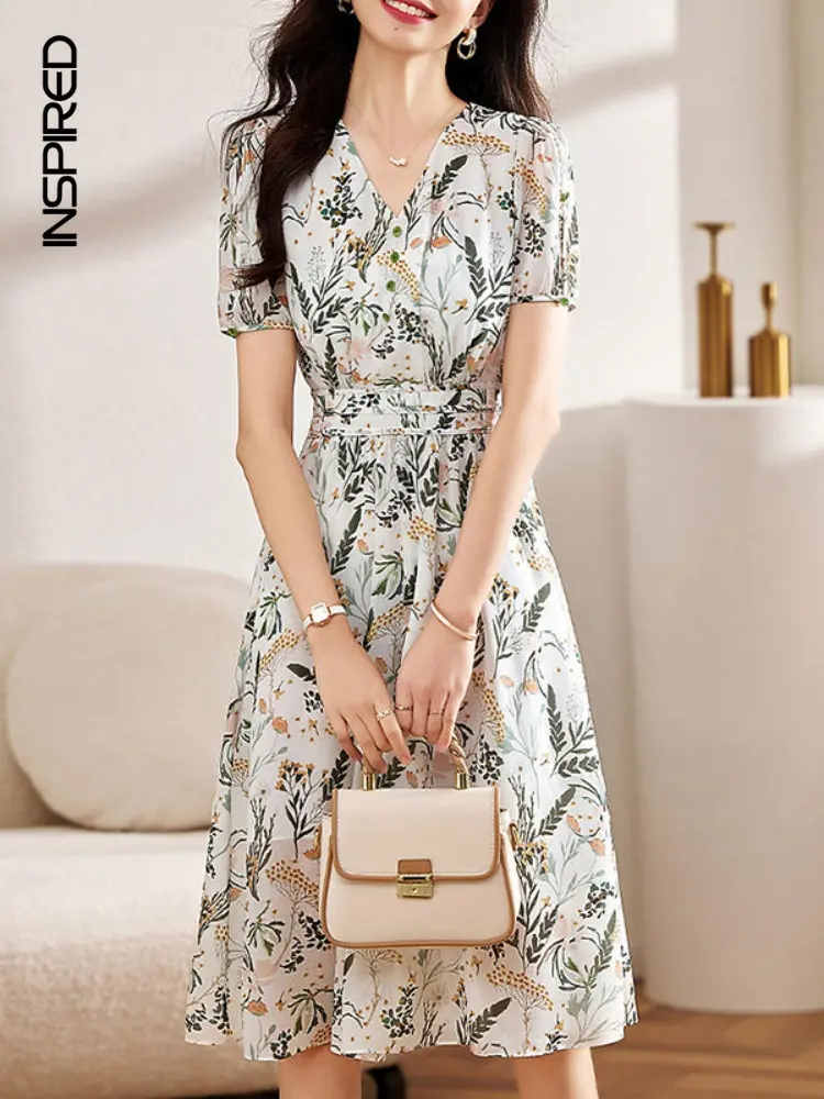 

Women Floral Chiffon Dress 2023 Summer Thin Air -breathable V-neck Short-sleeved Dresses for Women Waist Slim Casual Midi Dress