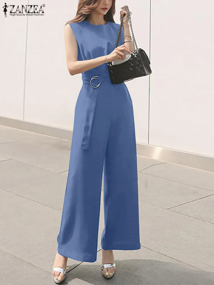 

Women Summer Jumpsuits ZANZEA 2022 Stylish Solid Overalls Casual Sleeveless V Neck Playsuits Belted Female Wide Leg Pants Romper
