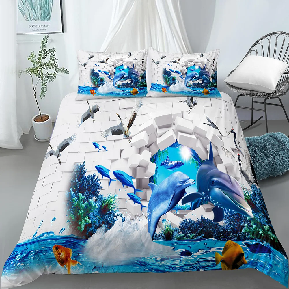 

3D Bedding Sets Blue Sea Animal Printed Quilt Cover Queen King Size Duvet Cover With Pillowcase Bedclothes Set For Children