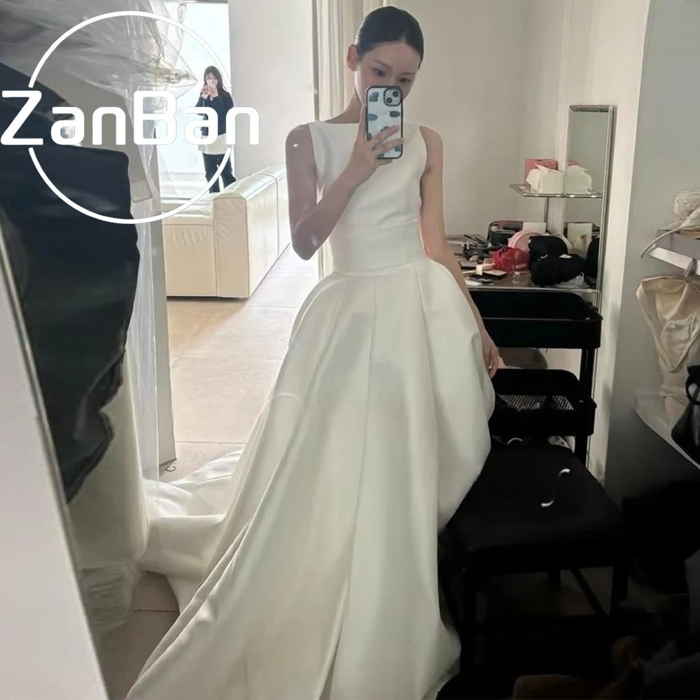 Фото ZanBan Простое платье в пол для свадебной фотосессии в корейском стиле, с круглым вырезом, без рукавов, корсетное свадебное платье, изготовленное на заказ, 2025 №3