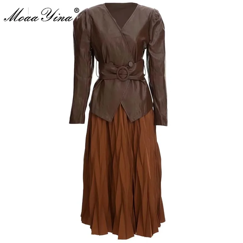 

MoaaYina Fashion Runway Autumn Winter Skirts Set Women Long Sleeve Belted Coat and elastic waist Skirts 2 Pieces Suit