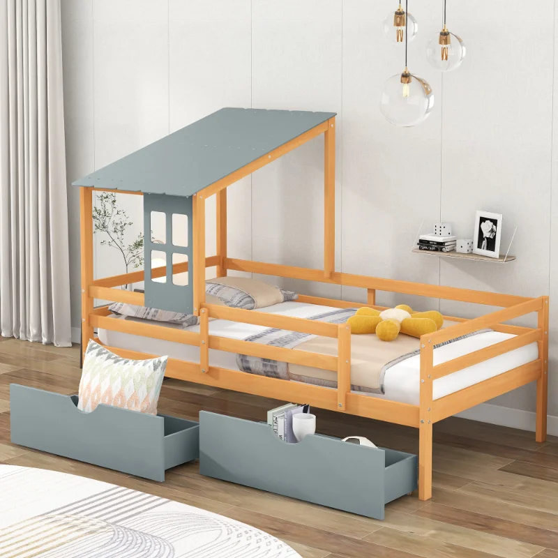 

[Flash Deal]Double Room Low Loft Bed with Two Storage Drawers Natural Color Grey Pine MDF Stability and Durability[US Stock]