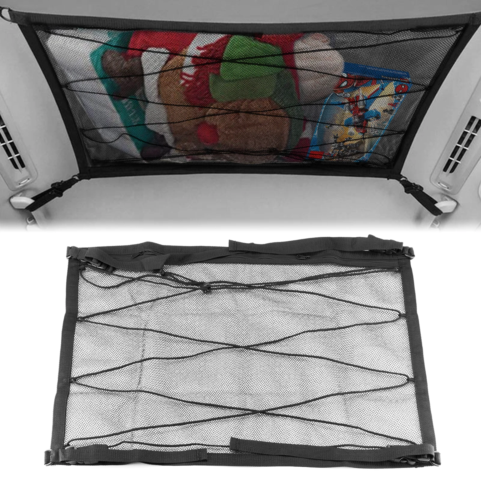 

Car 31x21" Ceiling Roof Interior Cargo Zipper Net Universal Storage Bag Sundries Organizer Adjustable Mesh Pocket For Van SUV