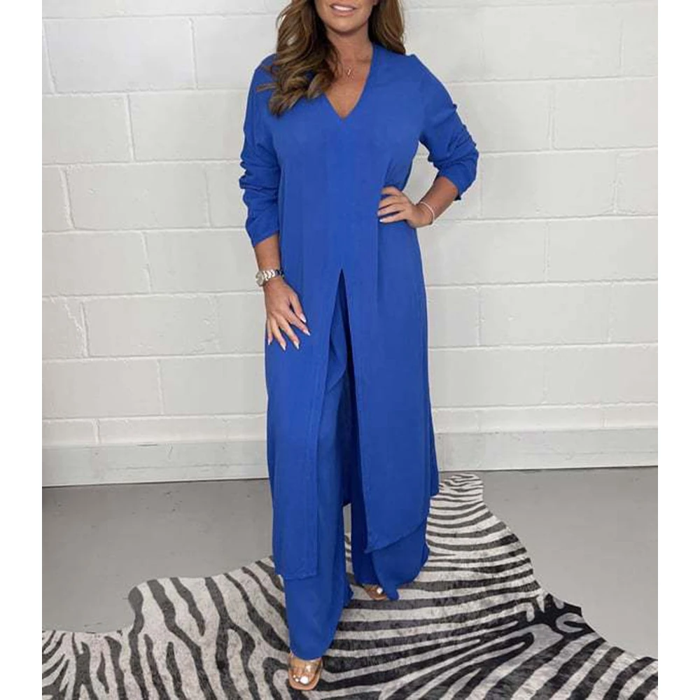Summer Women Casual V Neck Long Sleeve Extra-Long Top & Wide Leg Pants Set Femme Hem High Split Two Pieces Set Workwear Outfits