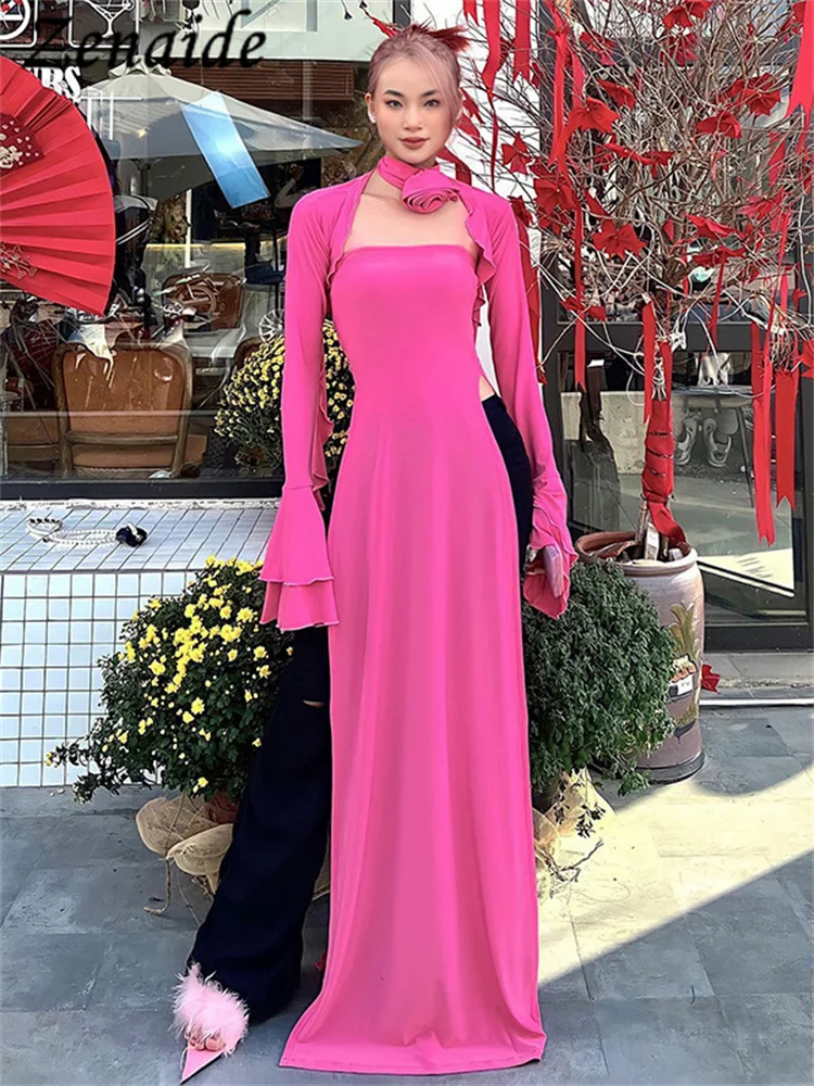 

Zenaide Floral Long Sleeve Ruffles Maxi Dress 2 Pieces Summer Bodycon Split Sexy Dresses Party Club Beach Vacation Women 2023