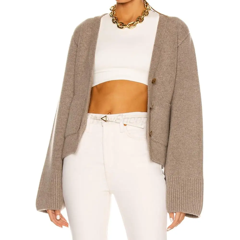

Ladies 100% Cashmere Knit Cardigan Coat Long Sleeve Fluffy Pure Color Sweater Fashion Designer Button Pocket Thermal Outwear