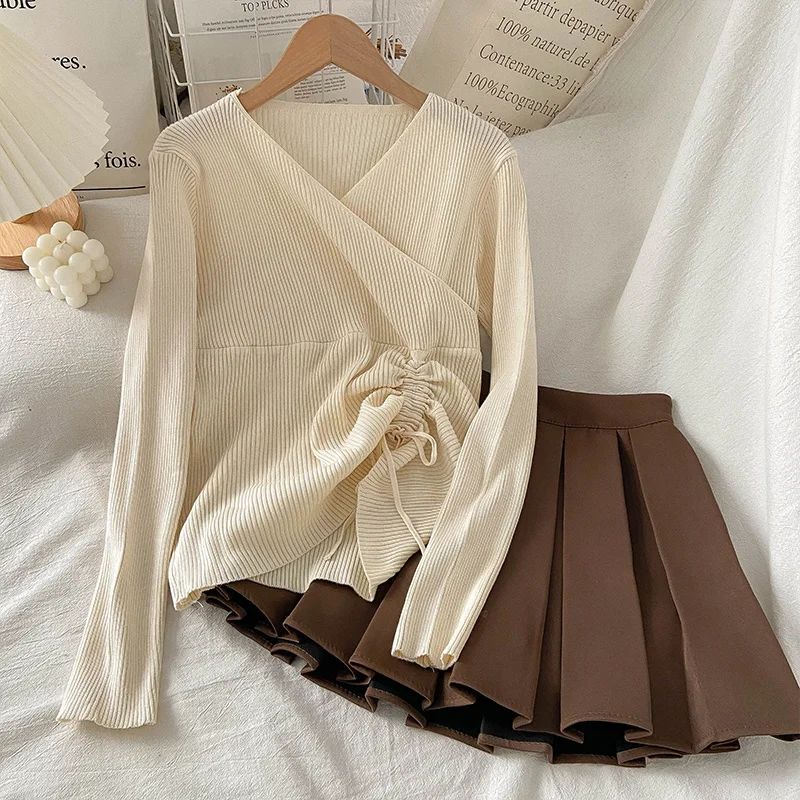 

Street Skirt Suit 2021 Spring Casual Two-piece Set V-neck Long Sleeve Wrap Top + High Waist Pleated Skirt Matching Suit