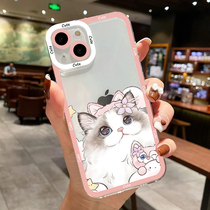 Cute Cat Animal Pattern Clear Case For iPhone 13 12 11 14 Pro Max Bow XR X XS Cat Transparent Covers For iPhone 7 8 Plus SE 2020 images - 6