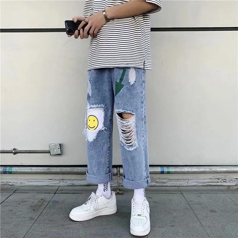 New Korean Fashion Men'S Spring/Summer Brushed Hole Loose Street Jeans Women'S Smiley Print Comfortable Casual Fashion Trousers