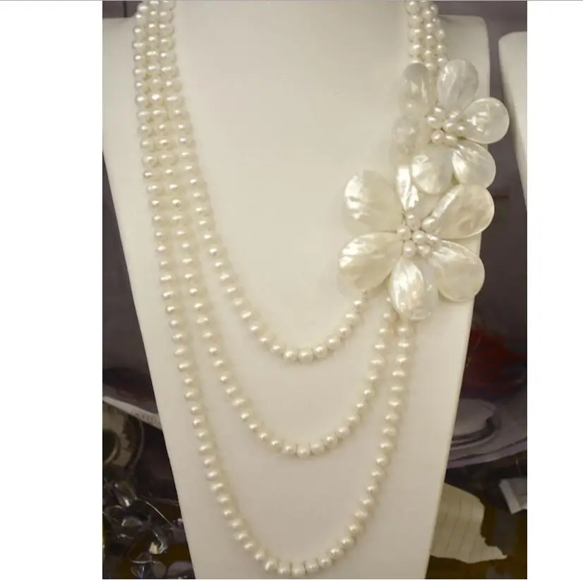 

Natural White Pearl Shell Floral Flower Petal multilayer Strand Stacked Necklace 20inches