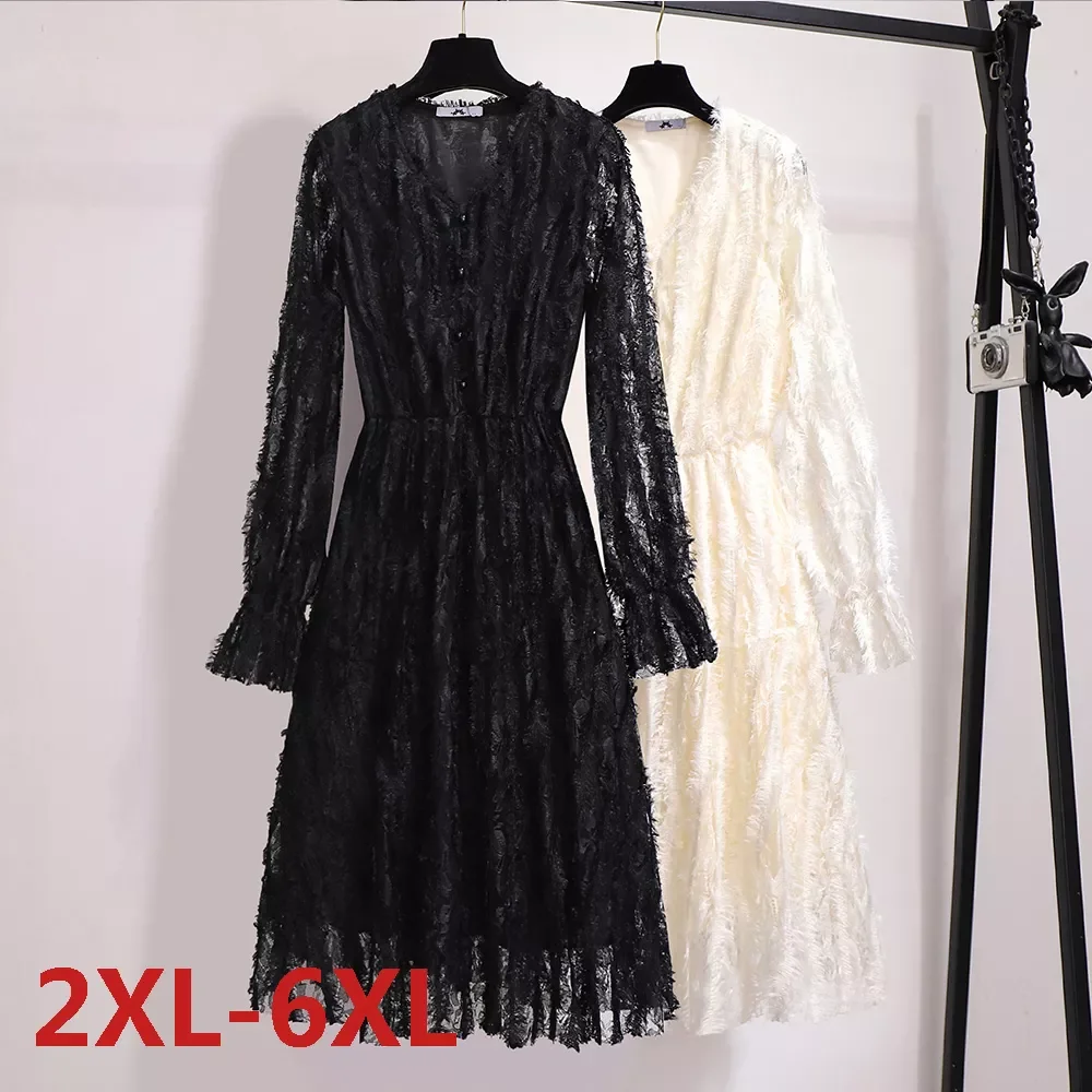 

Spring Fall O-Neck Mid-Calf High Waist Dress Big Plus Size Solid Lace Elegant Office Ladies Tunic Pleated Women Clothing