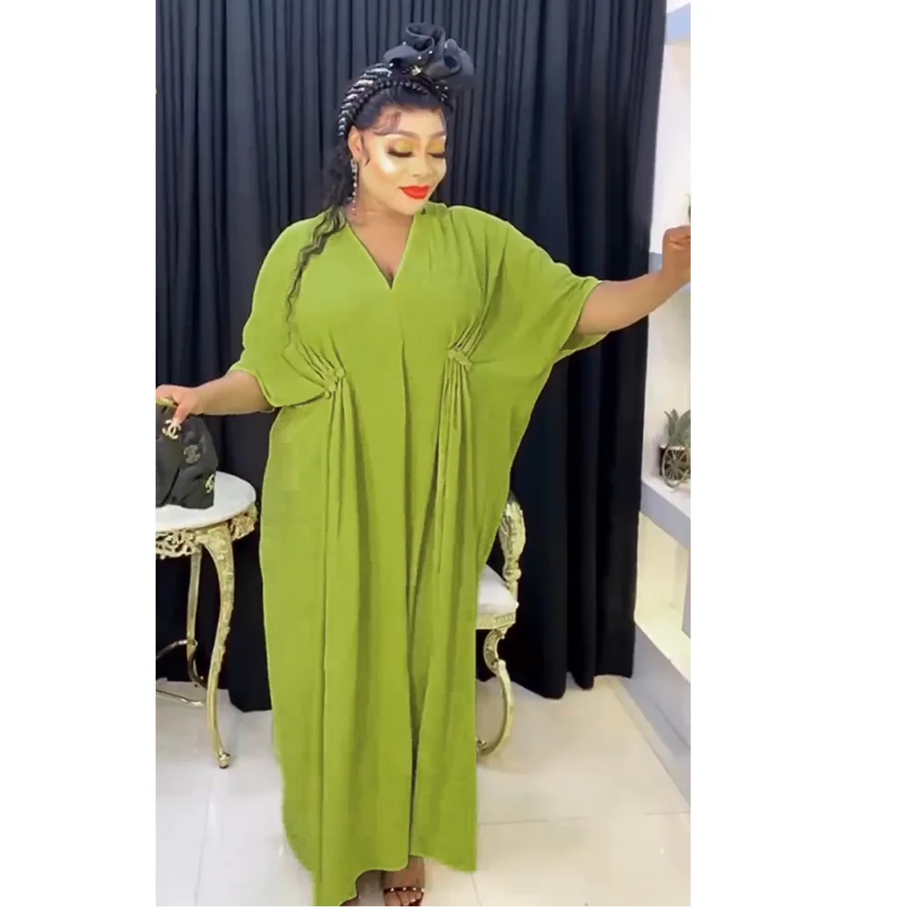 Plus Size  2023 Fashion New Women's Summer V-neck Short Sleeve Elegant Button Fold Chiffon Loose Solid Color Dress