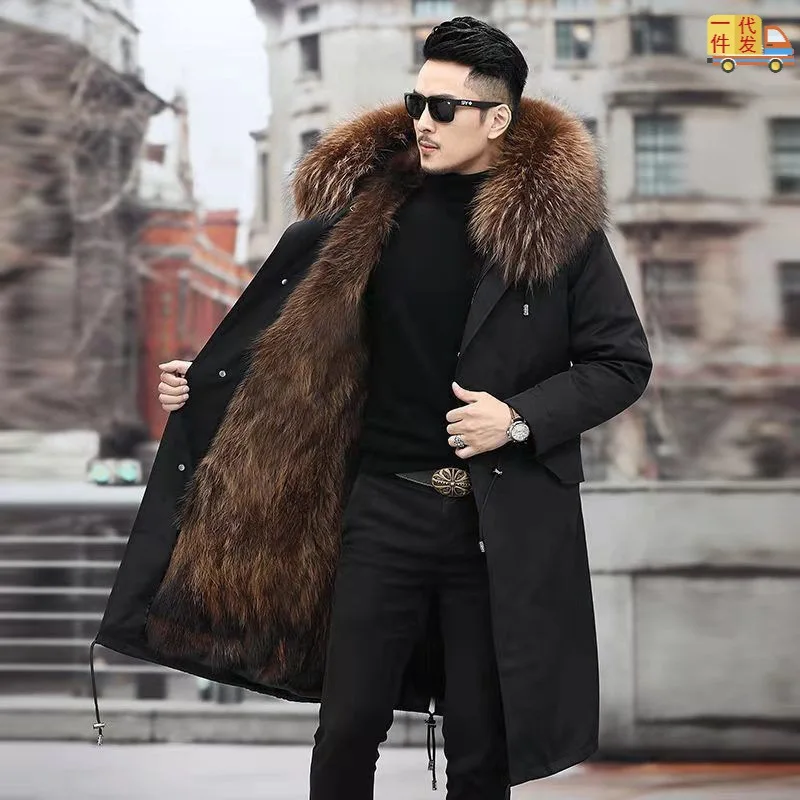 

Lugentolo Faux Fur Coat Men Winter Long Parkas England Style Loose Hooded Long Sleeve Solid Color Winter Jackets Mens