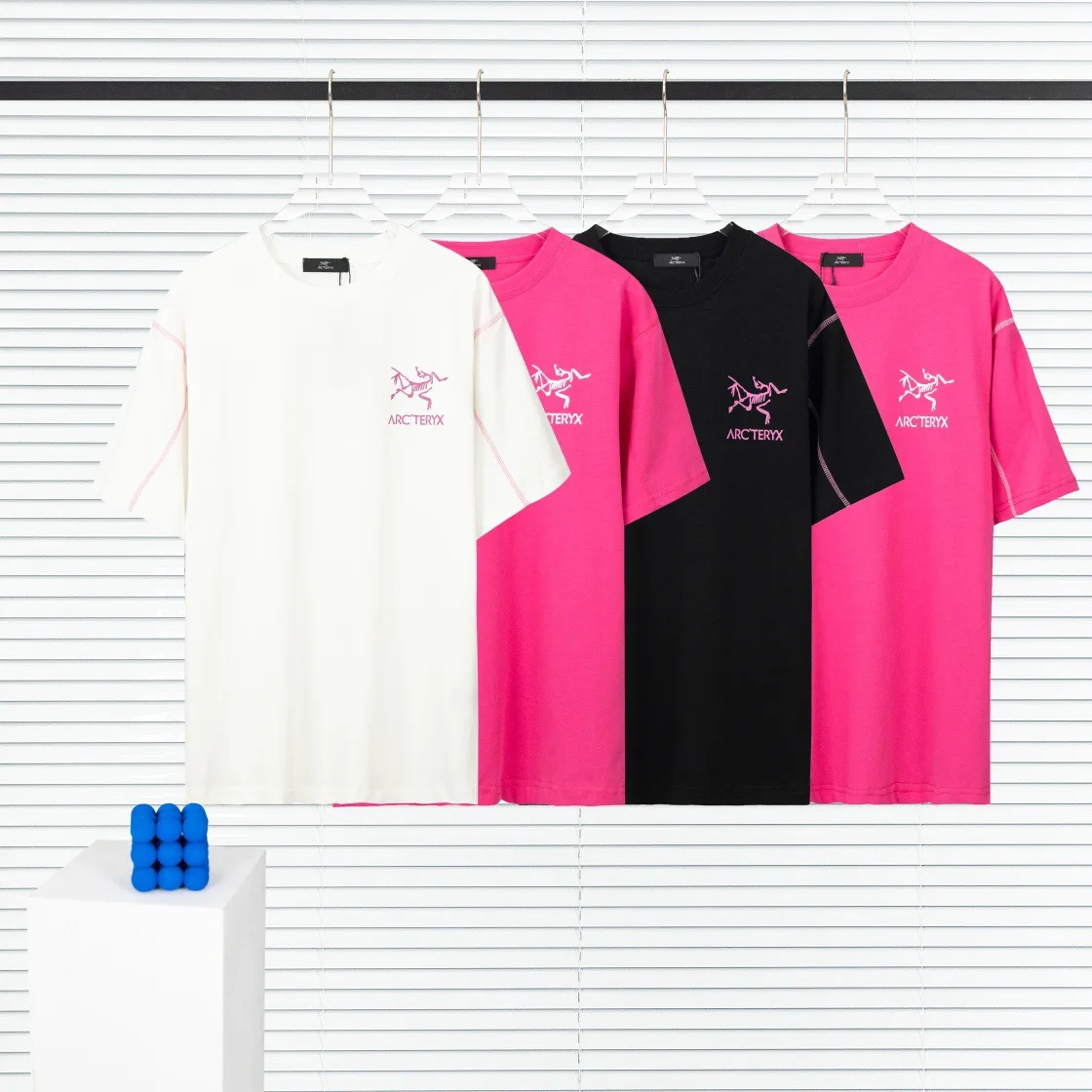 

2023 New Pink Short-sleeved Men's and Women's Loose-fitting Outer Stitching Printed Round Neck Outdoor Sports Open-line T-shirt