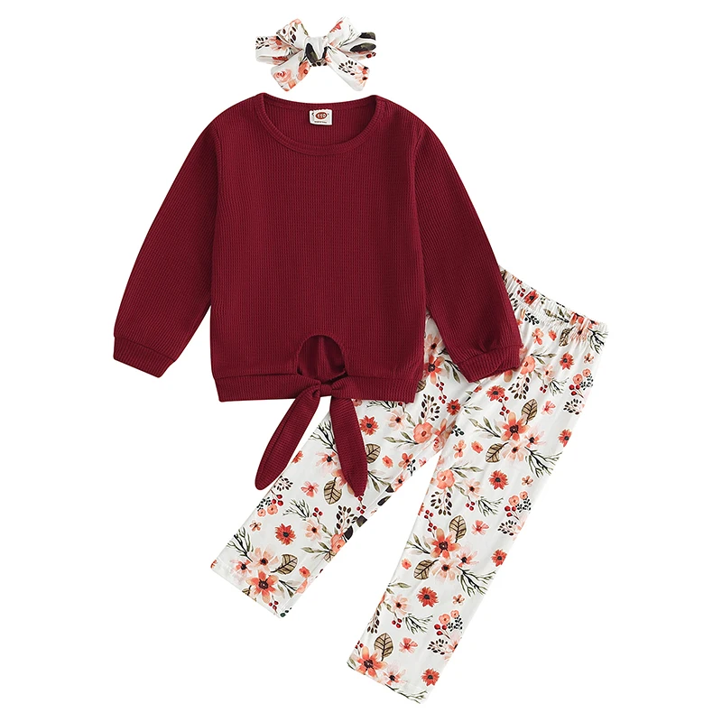 

Осенний наряд для маленьких девочек, Топ с длинным рукавом и вырезами и повязка на голову с цветочным принтом, милый комплект одежды