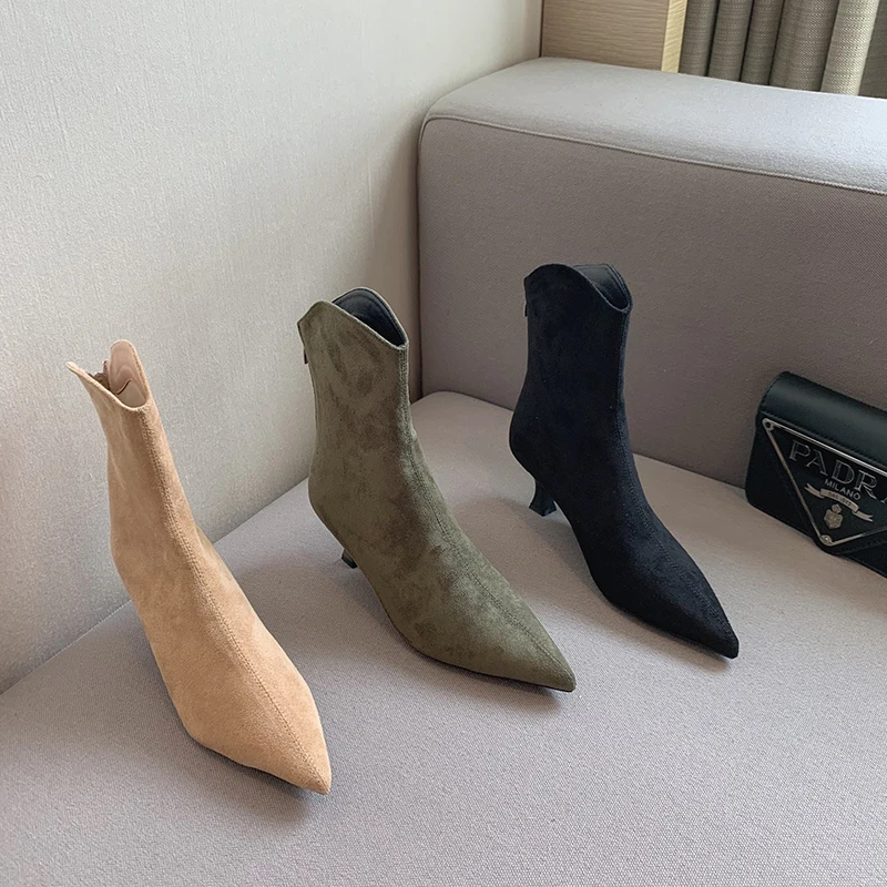 

Flock Women Ankle Boots Pointed Toe 2022 New Arrivals Chelsea Booties Back Zipper Thin Mid Heels Solid Color Short Sock Botas