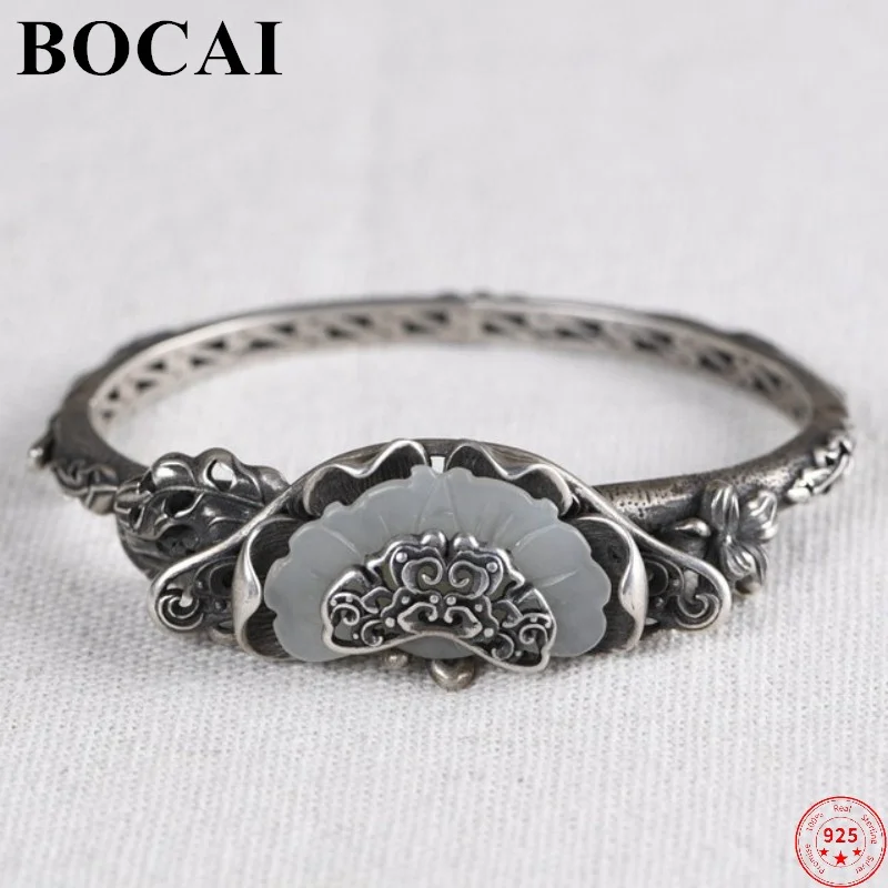 

BOCAI S925 Sterling Silver Bracelet Popular Thai Silver Peony Totem Hetian Jade Bangle Pure Argentum Gemstone Women's Jewelry