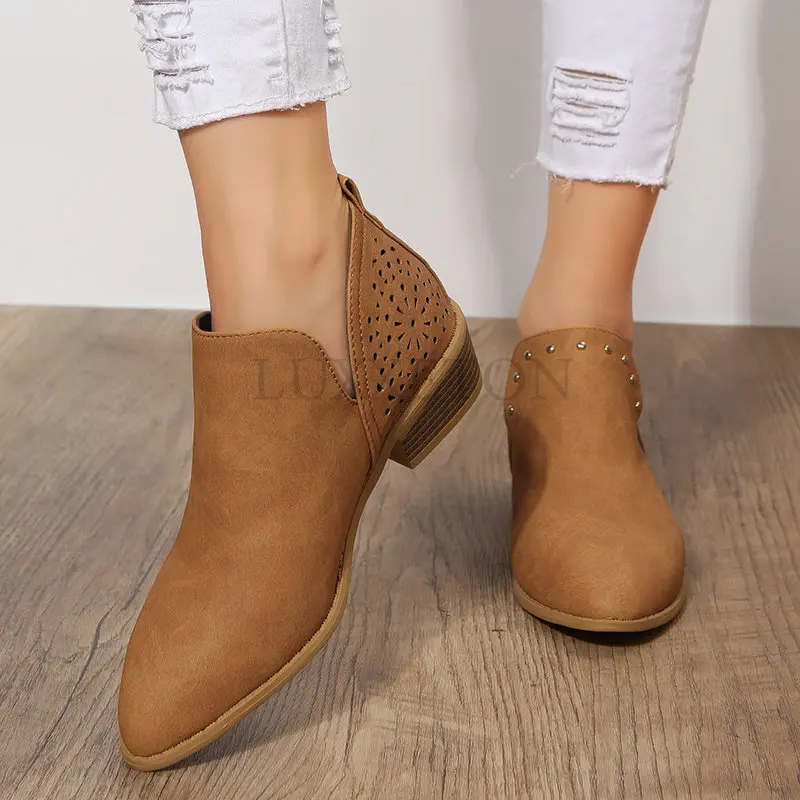 

Women Boots Low Heel Ankle Pointed Head Side Zipper Brown Short Hand Riveted Fashion Spring Autumn 2022 New Shoes