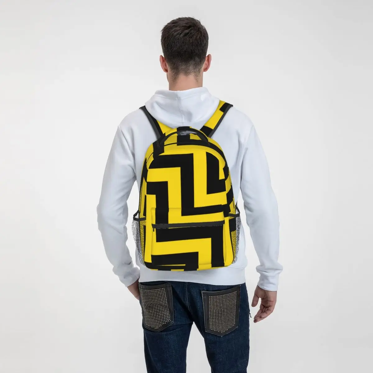 Yellow Black Geometric Backpack Boy Dagonal Stripes Breathable Backpacks Polyester Fun High School Bags Sport Design Rucksack images - 6