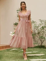 v neck mesh polka dot summer tulle party dress women backless pink ruffle sleeveless dresses elegant sash maxi vestido