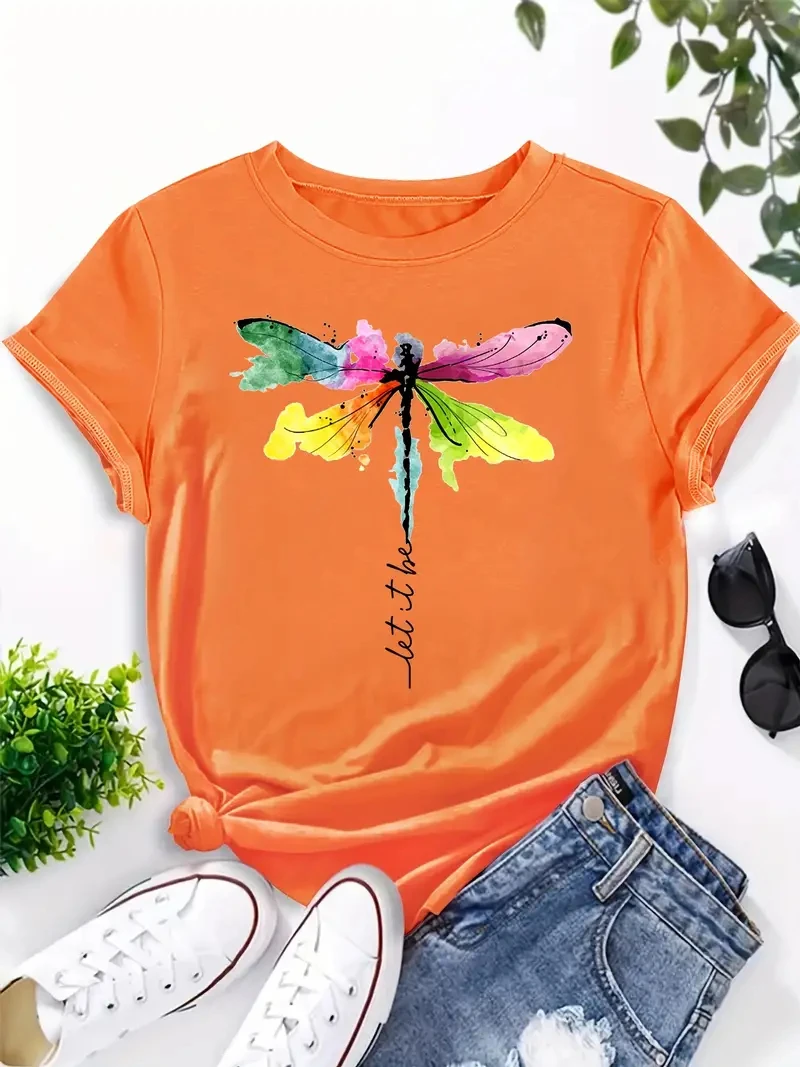 

T-Shirt For New Spring & Summer 2023 Dragonfly Print Crew Neck T-Shirt Casual Short Sleeve Women's Clothing