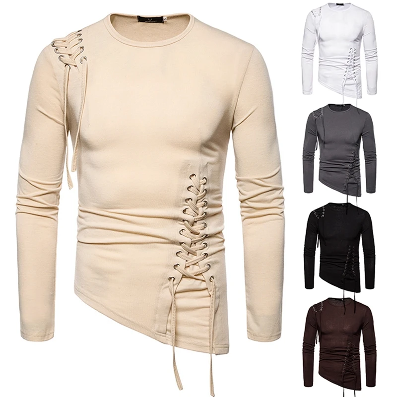 

Men's Trend Slim Tether Round Neck Solid Color Long Sleeve Shirt