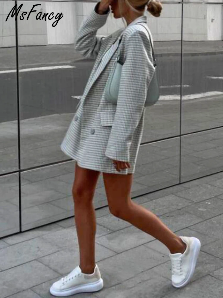 Женский элегантный двубортный Блейзер-оверсайз с высокой талией и мини-юбкой |