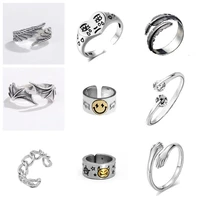 fashion ring for women men charm smiley simple jewelry vintage ancient silver color happy smiling punk hip hop adjustable rings