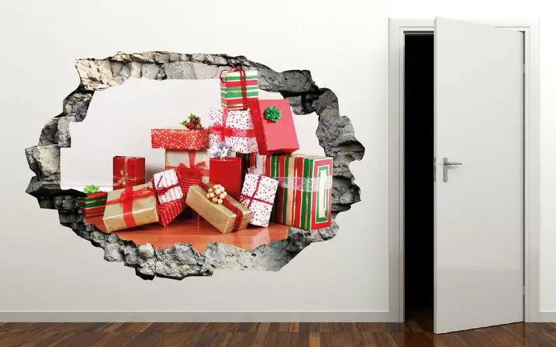 

Christmas Gifts 3D Wall Decal Smash Effect - Broken Wall Sticker - Vinyl Wall Decor - Decals for Walls - Stickers 3D Effect