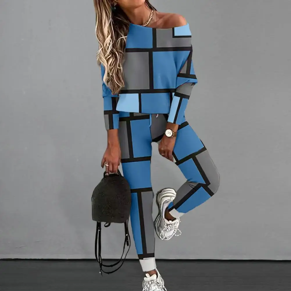 

Womena Fal and winter collar long sleeve fashion printing contrasting color stitching off -the -shoulder leisure sports two -pie