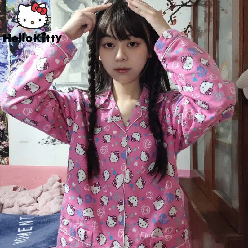 

Hello Kitty Mickey Mouse Cute Cartoon Tender Casual Trending Style Women Autumn Fleece Cotton Woven Twill Pajamas Y2k Aesthetic