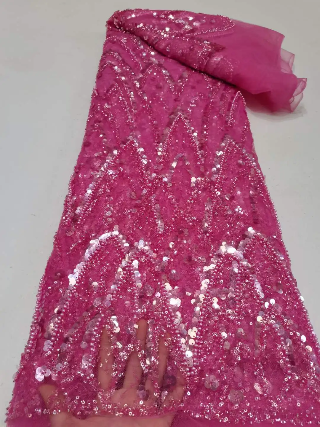 

Luxurious Sequin Beaded Tulle lace Fabric 2022 High Quality Embroidery Rose pink French Mesh Tulle Lace Evening Dress