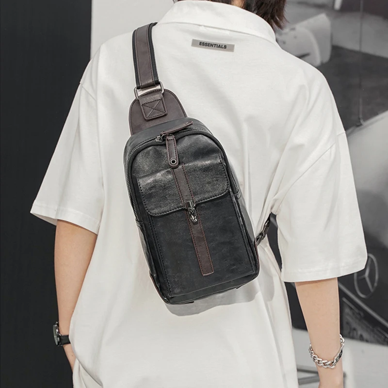 Man Shoulder Bag Vintage Black Single Strap Back Pack Matte PU Leather Chest Sling Bags Crossbody Backpack for Men