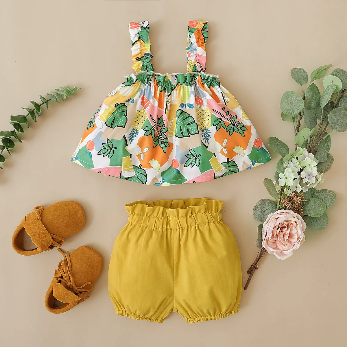 

Infant Clothing Sets Baby Girl Clothes Toddler Floral Suspender Top + Solid Shorts 2pcs Set Children Summer Casual Outfits