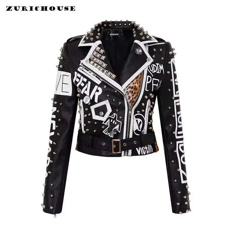 

Leopard Patchwork Leather Jacket Women 2023 Trend Rivets Punk Style Streetwear Graffiti Print Faux Leather Motorcycle Jackets