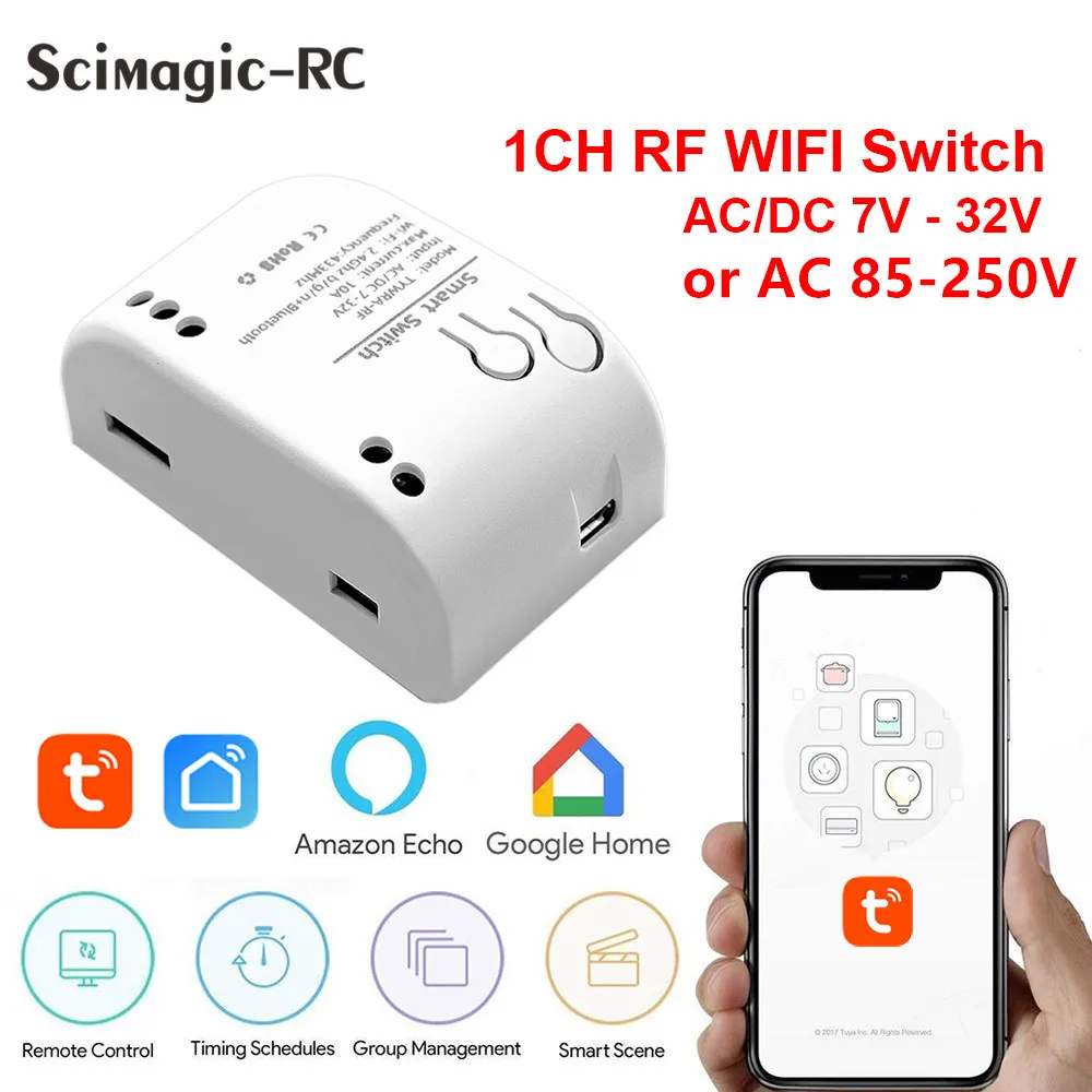 

1CH RF Smart Switch 12V 24V 7-32V AC DC WIFI Tuya Remote Control 433 Light Switch 10A Rele Relay Self-locking interlock inching