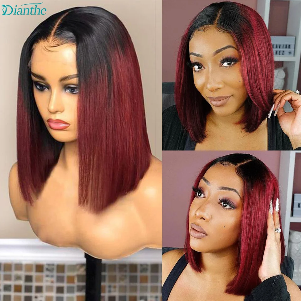 Burgundy Bob Wig Lace Front Human Hair Wigs 13x4 Lace Front Wigs For Women Brazilian Wigs T1B/99J Transparent Lace Wigs Dianthe