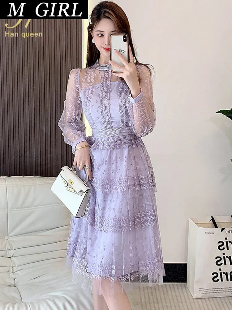 

M GIRLS Queen New Spring Dresses Korean Retro Lace Vestidos Fashion Slim O-Neck Patchwork Mesh Embroidery Party Casual Dress
