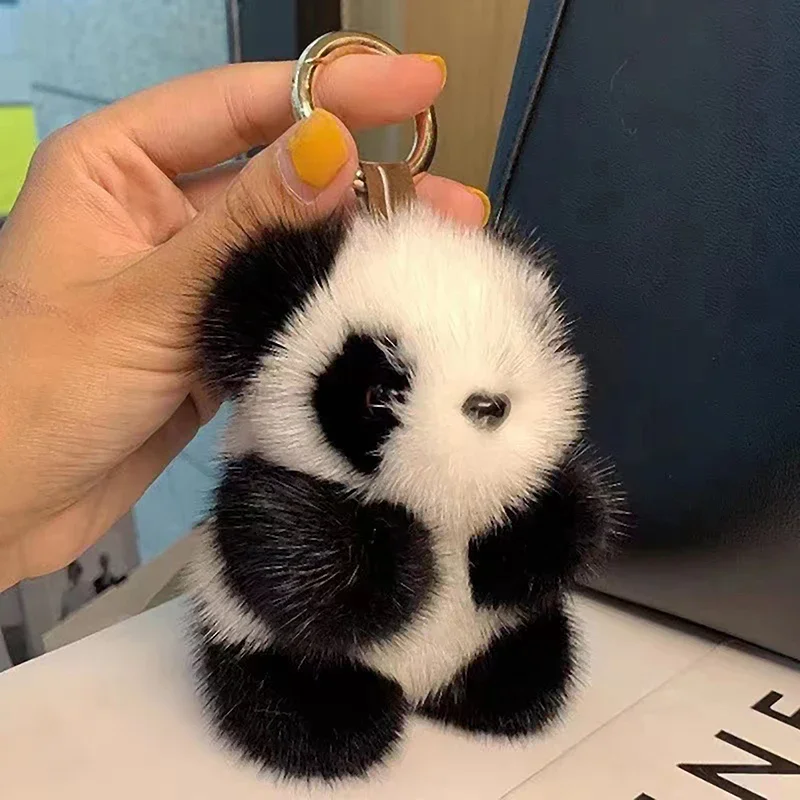 Small Panda Plush Doll Women Bag Ornaments Cute Imitation Mink Fur Car Keychain Bear Key Chain Fashion Girls Gift