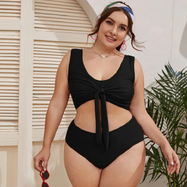 

2021 large chest bow sexy European and American solid color fat split two-piece swimsuit women's swimsuit