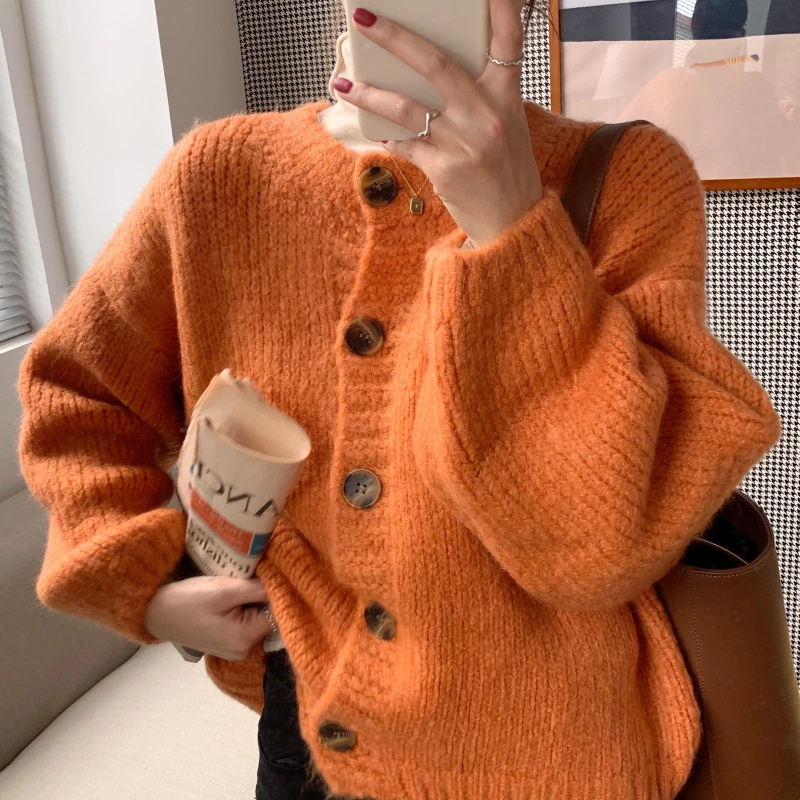 

Зимняя женская одежда, кораллово-красный свитер, модная однобортная вязаная верхняя одежда с длинным рукавом и круглым вырезом, Короткие то...